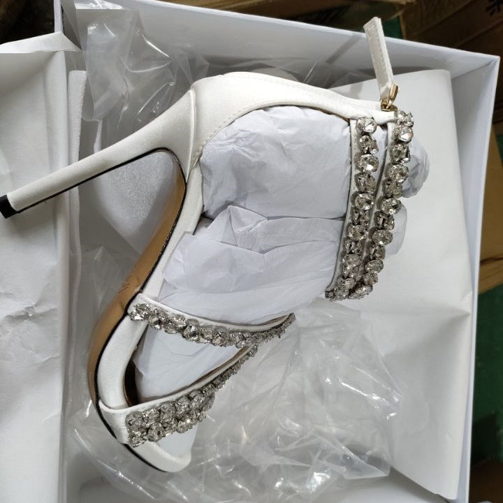 goosudu  Crystal Straps Women Sandals Back Zipper High Thin Heels Ankle Wrap Sandals Narrow Band Sweet Fashion Casual Party Female Pumps