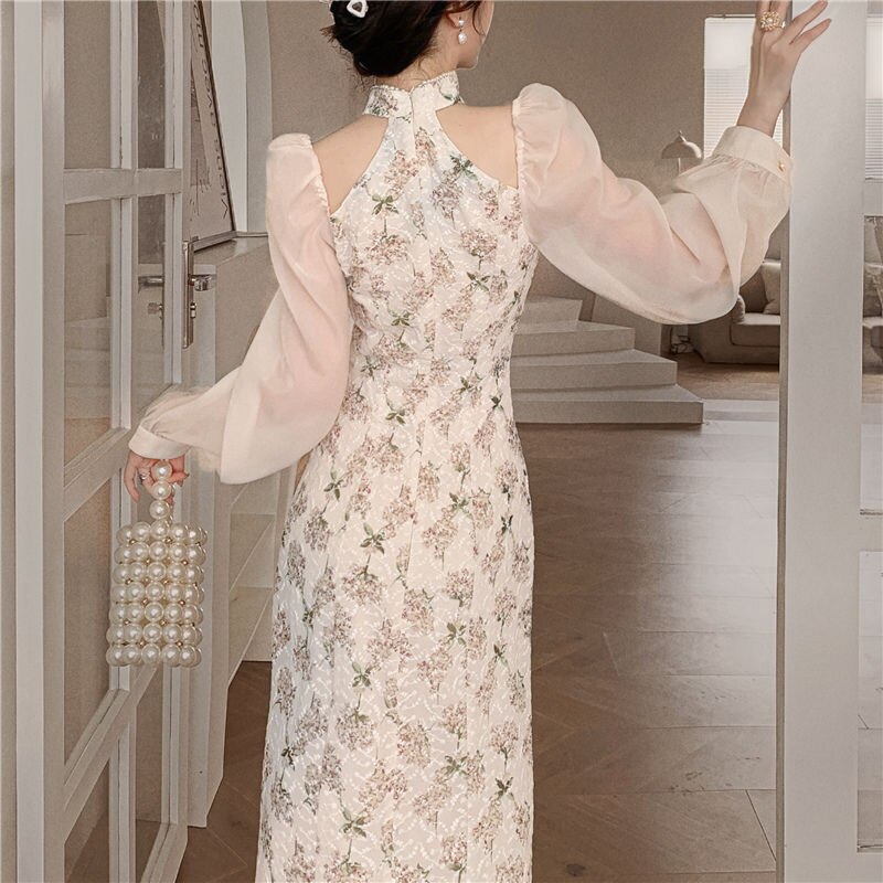 Vintage Elegant Cheongsam Dress Women Floral Embroidery Design Fairy Party Dress Female Spring Autumn Retro Long Split Dress