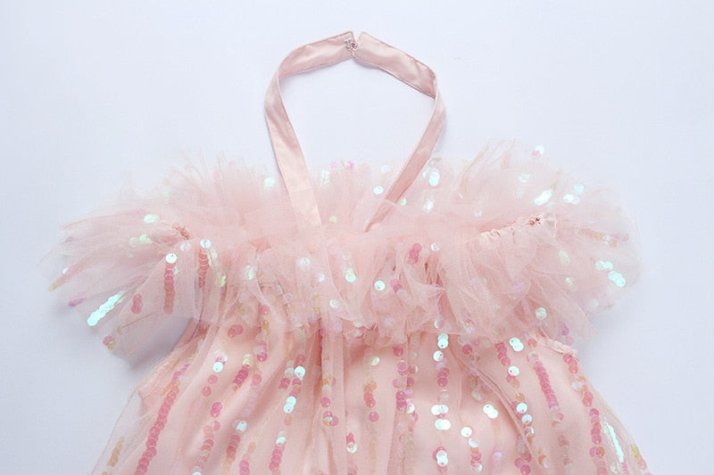 goosudu Girls Sweet Pink Bling Bling Sequined Ruffles Ball Gown Dress Off Shoulder Halter Summer Beach Party Mesh Dress