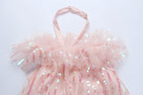 goosudu Girls Sweet Pink Bling Bling Sequined Ruffles Ball Gown Dress Off Shoulder Halter Summer Beach Party Mesh Dress