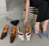 goosudu Women Sandals Fashion Hollow Elegant High Heels Square Toe Mule Shoes Slip On Shallow Comfort Commute Casual Ladies Shoes  Pumps