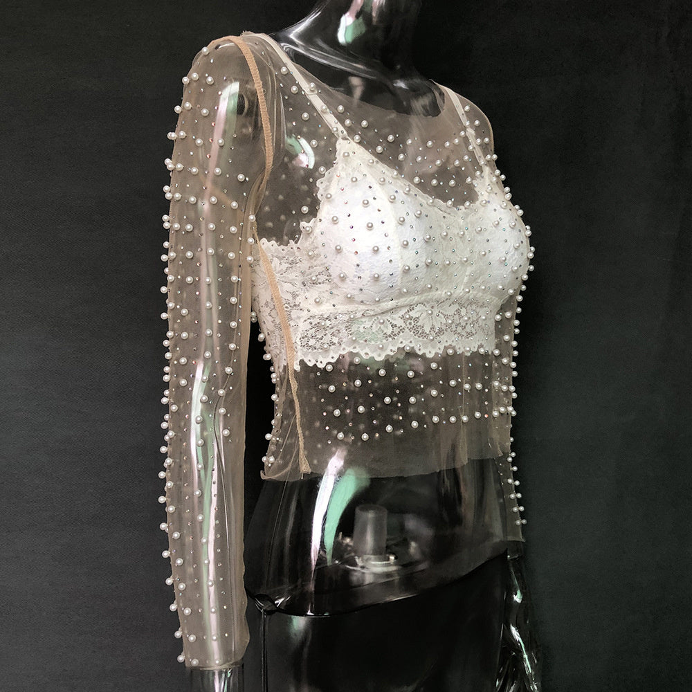 goosudu  See Through Diamond Beads Mesh Women Tops Black Long Sleeve Round Neck Short Tops Women Spring Skinny Fashion Streetwear