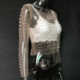 goosudu  See Through Diamond Beads Mesh Women Tops Black Long Sleeve Round Neck Short Tops Women Spring Skinny Fashion Streetwear