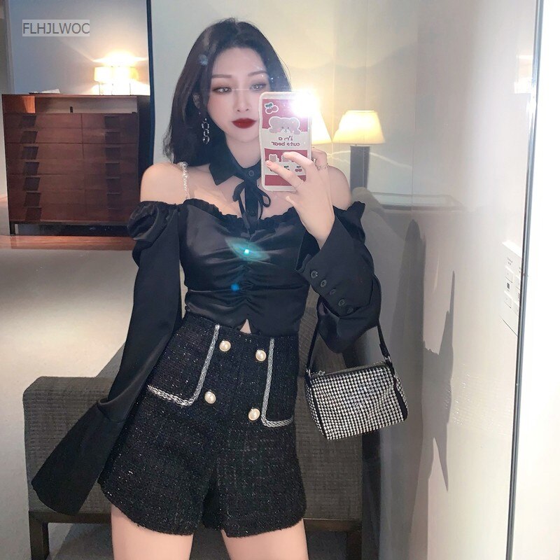Goosudu Spring Women Fashion Off Shoulder Crop Tops Blusas Bling Beading Black Shirts Stand Collar Sexy Short Blouses