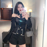 Goosudu Spring Women Fashion Off Shoulder Crop Tops Blusas Bling Beading Black Shirts Stand Collar Sexy Short Blouses