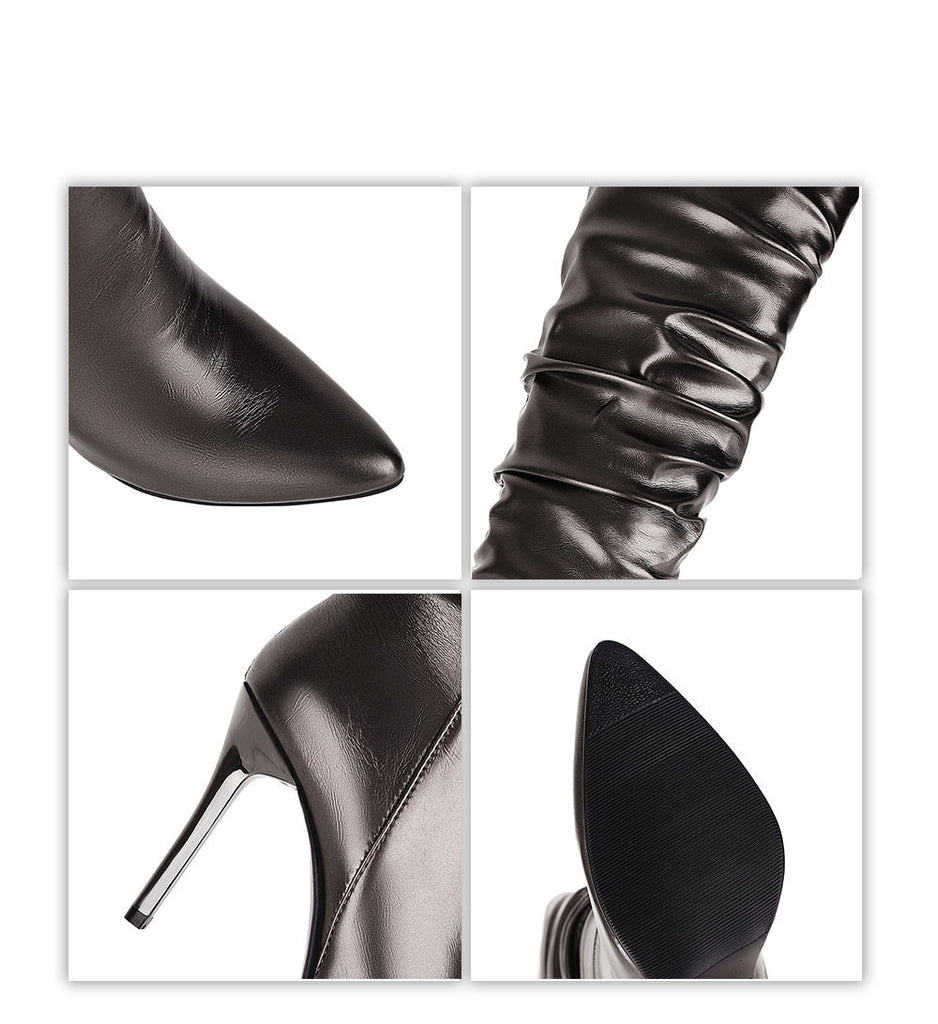 goosudu  Silver gold knee high boots women pleated pointed toe thin high heels dres party shoes autumn winter long boots woman