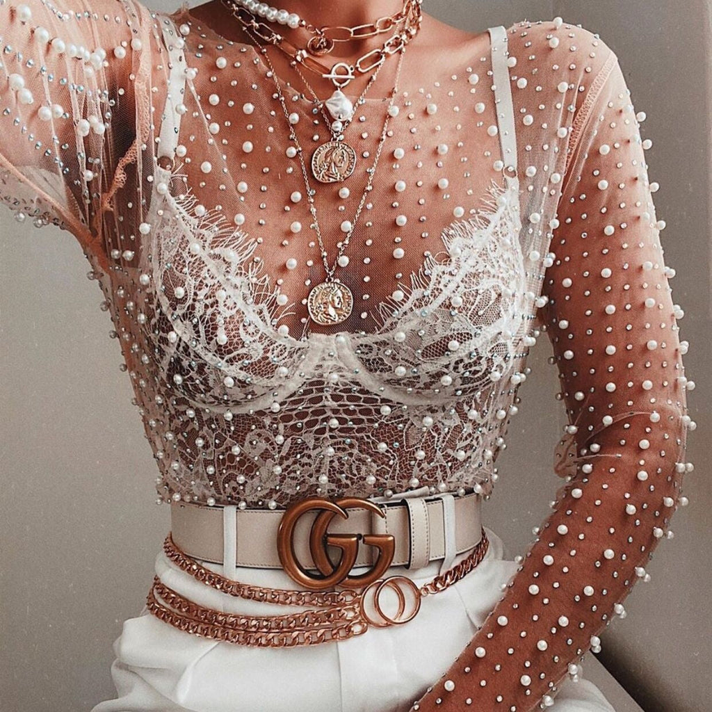 goosudu  See Through Diamond Beads Mesh Women Tops Black Long Sleeve Round Neck Short Tops Women Spring Skinny Fashion Streetwear