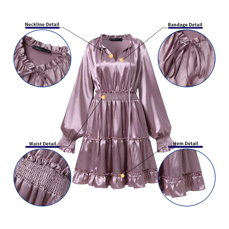 goosudu Women Silk Dress Celmia Satin Mini Robe Summer Elegant Party Wrap Evening Dress Long Lantern Sleeve V Neck Solid Vestidos