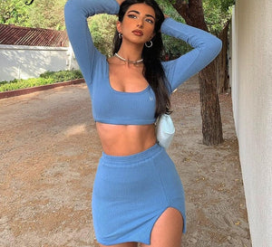 goosudu   Long Sleeves Solid Navel Low Neck Bodycon Top Sexy Mini Dress Set Summer Women Fashion Streetwear Outfits Y2K