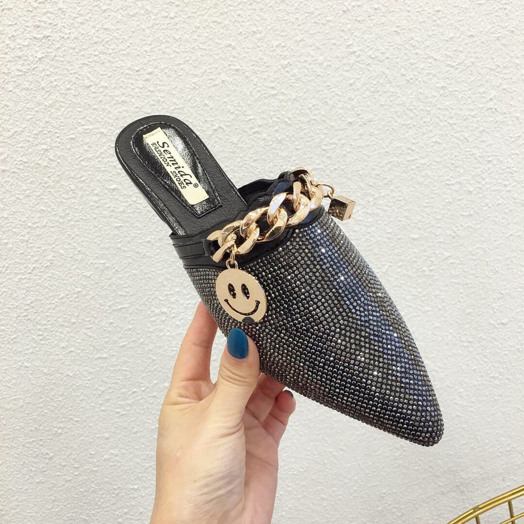 goosudu Women Mules Luxury Flats Fashion Loafers Designer Shoes Summer Slippers Pointed Toe Slides Slip on Wedding Casual Ladies Sandals