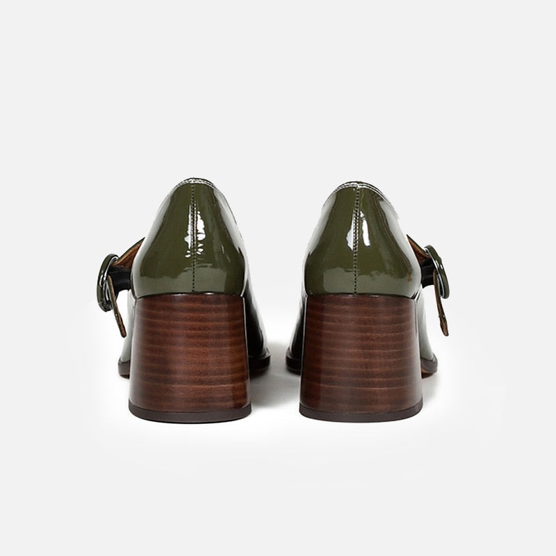 goosudu Woman‘s New Mary Janes Shoes Genuine Leather Shallow Square heel Pumps Buckle Strap Round Toe Lady Footwear