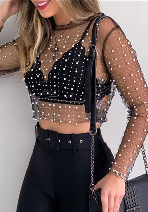 goosudu  See Through Diamond Beads Mesh Women Tops Black Long Sleeve Round Neck Short Tops Women Spring Skinny Fashion Streetwear