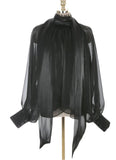 Designer Fashion Long Lantern Sleeve Women Blouses Bowknot Silky Summer Spring France Chic Shirts Blusas