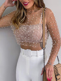 goosudu  See Through Diamond Beads Mesh Women Tops Black Long Sleeve Round Neck Short Tops Women Spring Skinny Fashion Streetwear