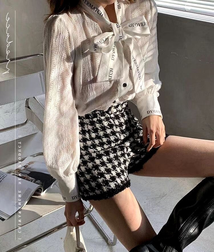 Goosudu French style restoring ancient ways ribbon bow blouse female temperament of early spring new white shirt long sleeve lace tops