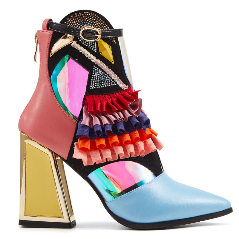 goosudu High Heel Ankle Boots Bling Bling Novelty Heels Ruffles Party Short Boots For Women Pointed Toe Modern Runway Heel Shoes Ethnic
