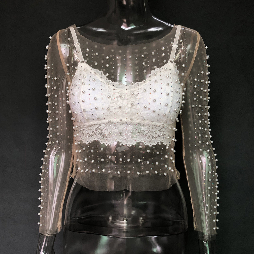 goosudu  See Through Diamond Beads Mesh Women Tops Black Long Sleeve Round Neck Short Tops Women Spring Skinny Fashion Streetwear