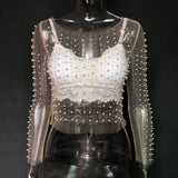 goosudu  See Through Diamond Beads Mesh Women Tops Black Long Sleeve Round Neck Short Tops Women Spring Skinny Fashion Streetwear