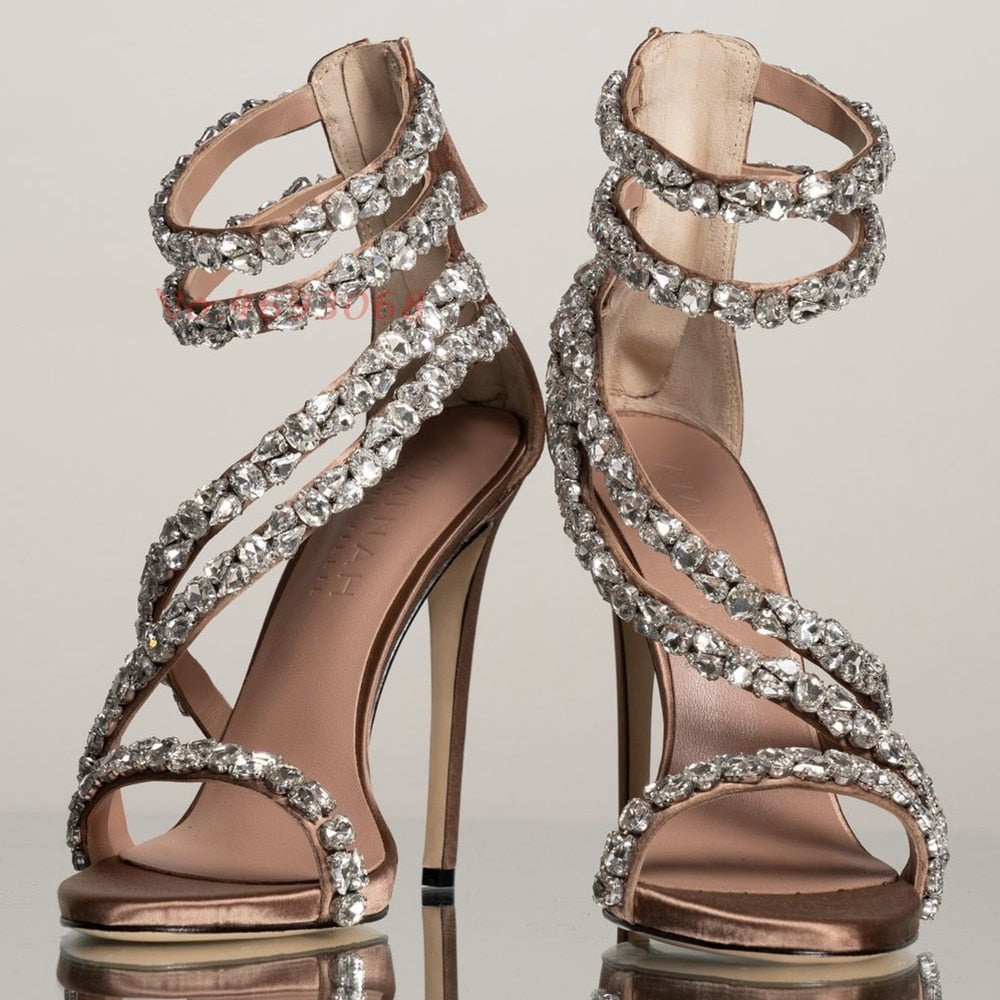 goosudu  Crystal Straps Women Sandals Back Zipper High Thin Heels Ankle Wrap Sandals Narrow Band Sweet Fashion Casual Party Female Pumps