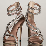 goosudu  Crystal Straps Women Sandals Back Zipper High Thin Heels Ankle Wrap Sandals Narrow Band Sweet Fashion Casual Party Female Pumps