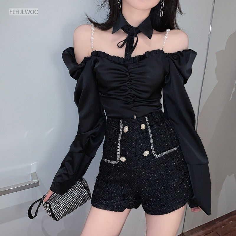Goosudu Spring Women Fashion Off Shoulder Crop Tops Blusas Bling Beading Black Shirts Stand Collar Sexy Short Blouses