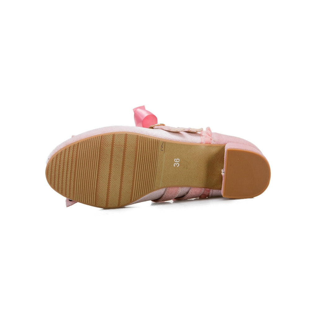 Woman's Med Heel Lolita Shoes Flock PU Leather Cute Bow Mary Jane Pumps Bride Wedding Cosplay Party Red Pink Black Size 34-43