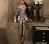 Goosudu Summer Fall Women Fashion Zebra Print See Through Long Sleeves Top Leggings 2 Pieces Set Sexy Y2K Streetwear Slim