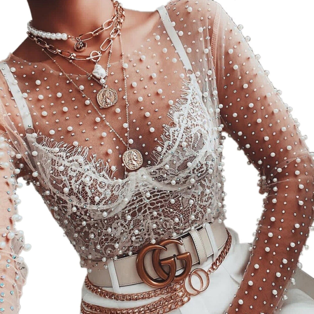 goosudu  See Through Diamond Beads Mesh Women Tops Black Long Sleeve Round Neck Short Tops Women Spring Skinny Fashion Streetwear