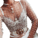 goosudu  See Through Diamond Beads Mesh Women Tops Black Long Sleeve Round Neck Short Tops Women Spring Skinny Fashion Streetwear
