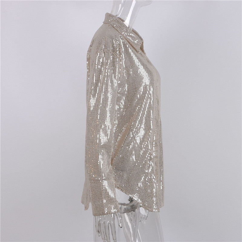 goosudu Turn-down Collar Sequin Woman Blouses White Long Sleeve Casual Elegant Blouses Women Spring Loose Fashion Plus Size Tops