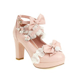 Super High Heeled Sweet Lolita Gothic Style Cosplay Shoes Girls Lovely Bow Tie Fur Ball Women Pumps Lace Cross Strap