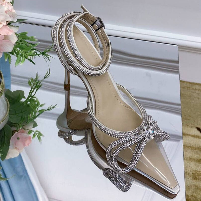 Summer Sexy Satin Slim Thin High Heel Bride Shoes Women Point Wrap Toe Crystal Sandals Ankle Buckle Luxury Wedding Shoes Mujer