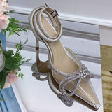 Summer Sexy Satin Slim Thin High Heel Bride Shoes Women Point Wrap Toe Crystal Sandals Ankle Buckle Luxury Wedding Shoes Mujer