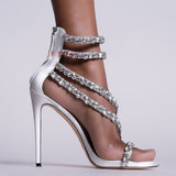 goosudu  Crystal Straps Women Sandals Back Zipper High Thin Heels Ankle Wrap Sandals Narrow Band Sweet Fashion Casual Party Female Pumps