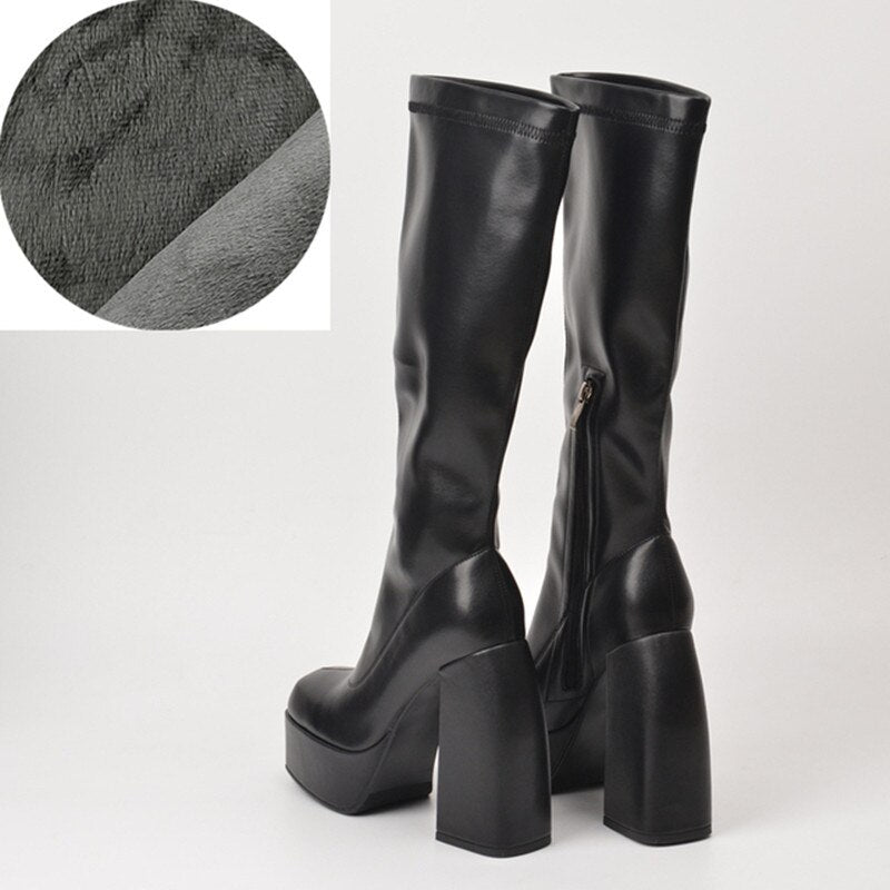 goosudu Punk Style Autumn Winter Boots Elastic Microfiber Shoes Woman Ankle Boots High Heels Black Thick Platform Long Knee High Boots