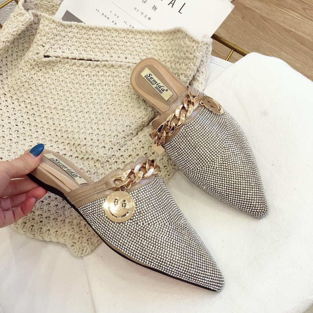 goosudu Women Mules Luxury Flats Fashion Loafers Designer Shoes Summer Slippers Pointed Toe Slides Slip on Wedding Casual Ladies Sandals