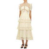 goosudu Summer Self Portrait Beige Pleated Dress Women Short Sleeve Lace Patchwork Cascading Ruffles Long Dress Female Layer Cake Dress