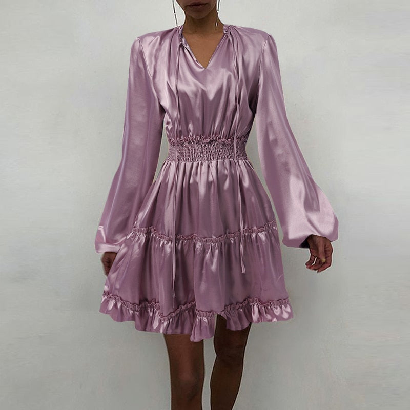 goosudu Women Silk Dress Celmia Satin Mini Robe Summer Elegant Party Wrap Evening Dress Long Lantern Sleeve V Neck Solid Vestidos