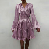 goosudu Women Silk Dress Celmia Satin Mini Robe Summer Elegant Party Wrap Evening Dress Long Lantern Sleeve V Neck Solid Vestidos