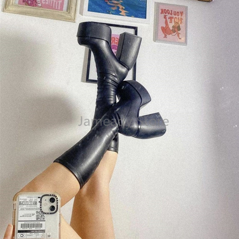 goosudu Punk Style Autumn Winter Boots Elastic Microfiber Shoes Woman Ankle Boots High Heels Black Thick Platform Long Knee High Boots