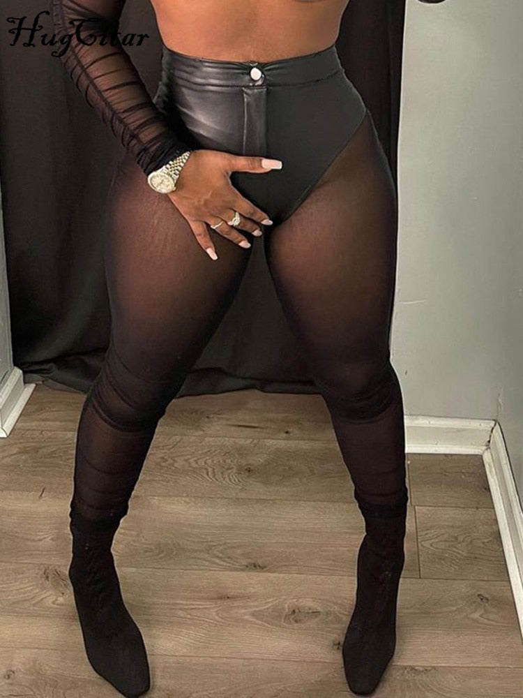 Goosudu  Mesh Patchwork See Through High Waist Slim Pants Women Fashion Sexy Streetwear Party Casual Leggings Y2K