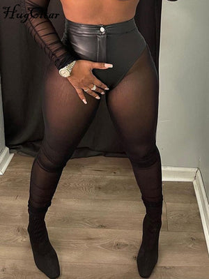 Goosudu  Mesh Patchwork See Through High Waist Slim Pants Women Fashion Sexy Streetwear Party Casual Leggings Y2K