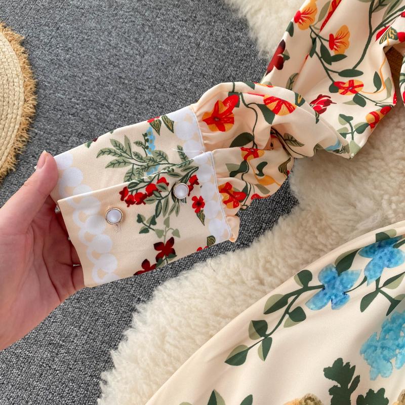 Women Vintage Print Dress Autumn Stand Collar Button Puff Sleeve Long Robe Fashion Chic Flower Streetwear Maxi Dresses