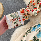 Women Vintage Print Dress Autumn Stand Collar Button Puff Sleeve Long Robe Fashion Chic Flower Streetwear Maxi Dresses