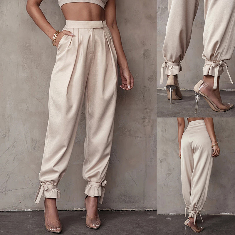 Goosudu  Satin Lace Up High Waist Harem Pants Zipper Women Autumn Pleated Loose Pockets Long Trousers Casual Office Ladies Pant