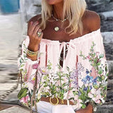 goosudu Elegant Lace-Up Tassel Chic Blouses Shirts  Summer Vintage Floral Print Boho Tops Women Sexy Off Shoulder Flare Sleeve Blusa