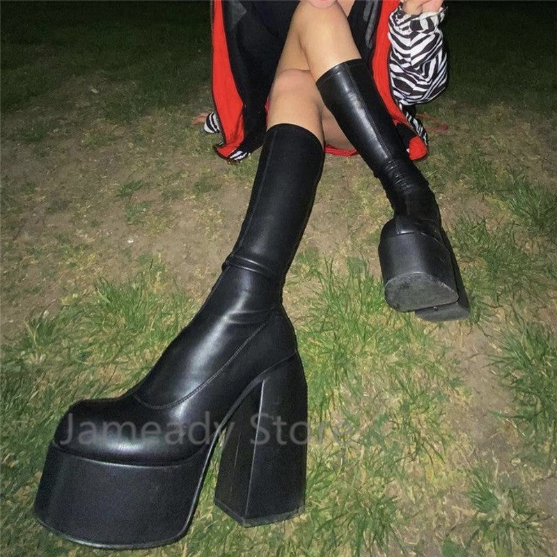 goosudu Punk Style Autumn Winter Boots Elastic Microfiber Shoes Woman Ankle Boots High Heels Black Thick Platform Long Knee High Boots