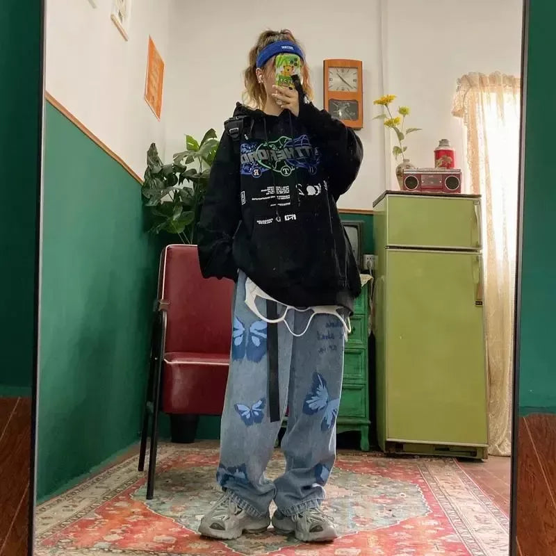 American street clothing retro trend pocket jeans female letter star print high waist casual oversized straight pants women