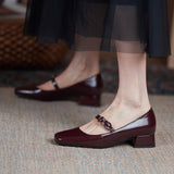 INS HOT Women pumps Genuine Leather shoes plus size 22-26.5cm Cow split leather Square toe buckle Mary Jane shoes 2 colors