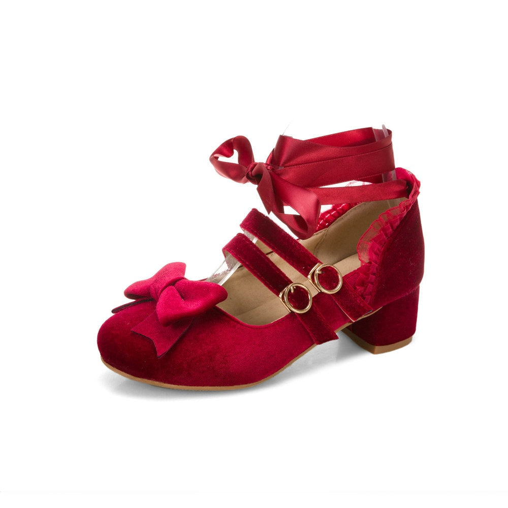 Woman's Med Heel Lolita Shoes Flock PU Leather Cute Bow Mary Jane Pumps Bride Wedding Cosplay Party Red Pink Black Size 34-43
